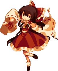 Rule 34 | 1girl, ascot, bobby socks, bow, brown eyes, brown hair, collared shirt, detached sleeves, dress, frilled hair tubes, frilled skirt, frills, gohei, hair tubes, hakurei reimu, long hair, looking at viewer, mary janes, ofuda, open mouth, pixel art, red bow, red dress, red shirt, red skirt, rrrssr, shirt, shoes, skirt, socks, solo, touhou, transparent background, wide sleeves