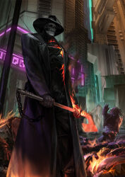 Rule 34 | 1other, absurdres, axe, black coat, black hat, building, coat, corpse, feet out of frame, fire, flaming weapon, glowing, glowing weapon, hat, highres, holding, holding axe, kuro dora, open clothes, open coat, original, pants, skull, skyscraper, smoke, solo, two-handed, weapon
