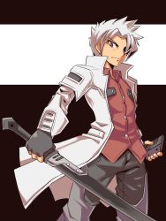 Rule 34 | 1boy, character request, closed mouth, coat, cougar (cougar1404), denim, fingerless gloves, gloves, jeans, looking at viewer, male focus, pants, red eyes, solo, sword, weapon, white hair