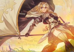 Rule 34 | 1girl, armor, bad id, bad pixiv id, blonde hair, blue eyes, bluelimelight, blush, braid, breasts, falg, fate/apocrypha, fate (series), gauntlets, helmet, jeanne d&#039;arc (fate), jeanne d&#039;arc (ruler) (fate), long hair, looking at viewer, medium breasts, naro0427, sheath, sheathed, smile, solo, standing, sword, thighhighs, weapon
