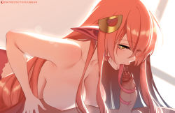 Rule 34 | 1boy, 1girl, bare shoulders, breasts, collarbone, completely nude, eyes visible through hair, fellatio, forked tongue, hair ornament, hetero, indoors, lamia, large breasts, lips, long hair, long tongue, looking at viewer, miia (monster musume), monster girl, monster musume no iru nichijou, nipples, nude, on person, open mouth, oral, orange hair, patreon username, penis, pointy ears, prehensile tongue, saliva, sunlight, tofuubear, tongue, tongue out, tonguejob, uncensored, window, yellow eyes