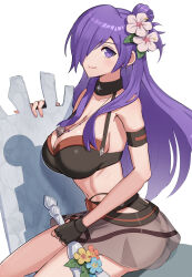 Rule 34 | 1girl, absurdres, armband, ass, bare arms, bare shoulders, between breasts, bikini, bikini skirt, black bikini, black choker, black gloves, breasts, choker, cleavage, collarbone, commentary, fingerless gloves, fire emblem, fire emblem: three houses, fire emblem heroes, fire emblem warriors: three hopes, flower, gloves, gonzarez, hair flower, hair ornament, hair over one eye, half updo, highres, holding, large breasts, long hair, looking at viewer, navel, nintendo, official alternate costume, purple eyes, purple hair, see-through, shez (female) (fire emblem), shez (female) (summer) (fire emblem), shez (fire emblem), simple background, sitting, smile, solo, stomach, swimsuit, thighs, very long hair, whistle, whistle around neck, white background