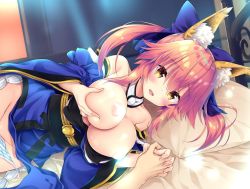 Rule 34 | 1boy, 1girl, animal ear fluff, animal ears, bare pectorals, blue kimono, blue ribbon, blush, breasts, breasts out, censored, censored nipples, disembodied head, fang, fate/extella, fate/extra, fate/extra ccc, fate/grand order, fate (series), fox ears, fox girl, grabbing, grabbing another&#039;s breast, groin, hair ribbon, japanese clothes, kimono, large breasts, looking at viewer, lying, on side, open mouth, panties, pectorals, pink hair, ribbon, sasorigatame, side-tie panties, striped clothes, striped panties, tamamo (fate), tamamo no mae (fate/extra), underwear, untied panties, yellow eyes