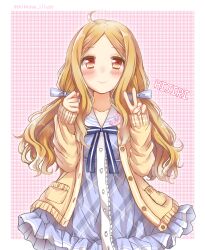 Rule 34 | 1girl, absurdres, ahoge, blonde hair, blue dress, blush, cardigan, character name, collarbone, commentary request, cosplay, dress, futaba anzu, futaba anzu (cosplay), hair ribbon, highres, idolmaster, idolmaster cinderella girls, kazari s, long hair, long sleeves, looking at viewer, mochizuki hijiri, parted bangs, patterned background, patterned clothing, red eyes, ribbon, smile, solo, twintails, twitter username, v, very long hair, wavy hair, yellow cardigan
