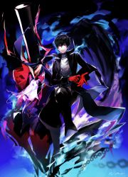 Rule 34 | 10s, 1boy, absurdres, amamiya ren, arsene (persona 5), black hair, chain, gloves, hat, highres, looking at viewer, male focus, mask, mozuyun, persona, persona 5, red eyes, short hair, smile, top hat, weapon, wings