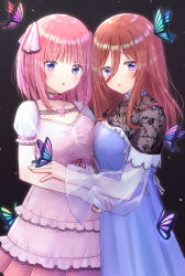 Rule 34 | 2girls, :o, absurdres, black background, blue choker, blue dress, breast press, brown hair, bug, butterfly, butterfly on hand, choker, collarbone, cowboy shot, dress, go-toubun no hanayome, hair between eyes, highres, insect, layered dress, long hair, long sleeves, looking at viewer, multiple girls, nakano miku, nakano nino, pink choker, pink dress, pink hair, purple eyes, see-through, see-through sleeves, shinzousan, short sleeves, siblings, sisters, straight hair, symmetrical docking
