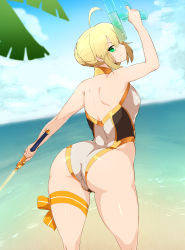 Rule 34 | 1girl, ahoge, artoria pendragon (all), artoria pendragon (fate), artoria pendragon (swimsuit archer) (fate), artoria pendragon (swimsuit archer) (third ascension) (fate), ass, back, bare shoulders, beach, blonde hair, day, excalibur (fate/stay night), fate/grand order, fate (series), green eyes, highres, looking at viewer, ocean, one-piece swimsuit, outdoors, palm tree, saber (fate), sekiyu (spartan), smile, solo, swimsuit, tree, water gun