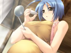 Rule 34 | 1girl, blue hair, blush, breasts, game cg, green eyes, large breasts, manami kiryuu, minna daisuki kozukuri banchou, pregnant, toumi shizuki