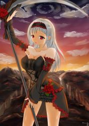 Rule 34 | 1girl, bare legs, bare shoulders, black dress, breasts, canyon, cleavage, cloud, collarbone, detached sleeves, dress, female focus, flower, gothic lolita, highres, holding, holding weapon, hoshino aoi (la huynh hai than), large breasts, legs, lolita fashion, looking at viewer, mountain, neck, open mouth, original, red eyes, red flower, red rose, rose, scythe, silver hair, sky, solo, standing, strapless, strapless dress, sunset, thick thighs, thighs, weapon