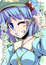 Rule 34 | 1girl, blue eyes, blue hair, blush, blush stickers, cabbie hat, collared shirt, grin, hair bobbles, hair ornament, happy, hat, juliet sleeves, kawashiro nitori, key, long sleeves, matching hair/eyes, one eye closed, puffy sleeves, shirt, short hair, smile, solo, tanakara, touhou, translated, two side up, upper body, wrench