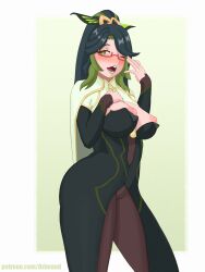 Rule 34 | absurdres, black hair, black pantyhose, breasts, cameltoe, cleft of venus, cloud retainer (genshin impact), colored inner hair, female focus, genshin impact, glasses, green eyes, green hair, green lips, hair ornament, highres, large breasts, long hair, looking at viewer, mature female, multicolored hair, ozimand, pantyhose, solo, standing, xianyun (genshin impact)