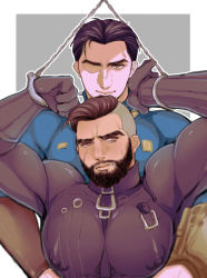 Rule 34 | 2boys, bara, black hair, blush, character request, cuffs, evil grin, evil smile, facial hair, fallout (series), grin, handcuffs, looking at viewer, male focus, multiple boys, muscular, nipples, paladin danse, pectorals, restrained, scar, smile, smirk, sweat, tagme, wince, wink, yaoi