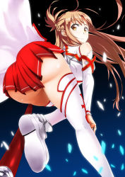 Rule 34 | 10s, 1girl, ass, asuna (sao), brown eyes, brown hair, convenient skirt, from behind, imojin, imoto hitoshi, long hair, long legs, looking back, skirt, solo, sword art online, thighhighs, white thighhighs