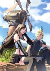 Rule 34 | 1boy, 1girl, 5tatsu, armor, bandaged arm, bandages, bare shoulders, belt, black bra, black gloves, black skirt, black thighhighs, blonde hair, blue pants, blue shirt, bra, breasts, brown belt, brown eyes, brown hair, bug, butterfly, butterfly on head, cloud strife, crop top, elbow gloves, falling leaves, feet out of frame, final fantasy, final fantasy vii, final fantasy vii rebirth, final fantasy vii remake, fingerless gloves, gloves, grass, grey eyes, hand in own hair, highres, insect, large breasts, leaf, long hair, looking up, low-tied long hair, midriff, miniskirt, multiple belts, outdoors, pants, parted lips, shirt, short hair, shoulder armor, signature, single bare shoulder, single shoulder pad, sitting, skirt, sleeveless, sleeveless shirt, sleeveless turtleneck, spiked hair, sports bra, suspenders, swept bangs, thighhighs, tifa lockhart, turtleneck, underwear, white shirt, windmill