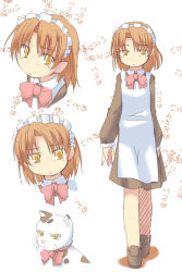 Rule 34 | 1girl, :&lt;, animal, apron, bow, bowtie, brown dress, brown eyes, brown hair, cat, dress, frills, full body, futaba channel, loafers, long sleeves, maid headdress, medoi, multiple views, nijiura maids, ninokawa magamo, red bow, shoes, short hair, simple background, standing, tears, white background