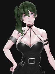 Rule 34 | 1girl, absurdres, arm strap, armlet, bare shoulders, belt, belt buckle, between breasts, black background, black belt, black dress, breasts, buckle, choker, closed mouth, commentary request, dress, green hair, hair between eyes, hand on own hip, highres, large breasts, long hair, looking at viewer, o-ring, o-ring choker, purple eyes, side ponytail, simple background, solo, sousou no frieren, strap between breasts, ubel (sousou no frieren), upper body, yesman
