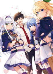 Rule 34 | 1boy, 3girls, :t, ahoge, alzano school uniform, arm behind back, blonde hair, blue capelet, blue eyes, blue hair, blue hairband, blue legwear, blurry, blurry foreground, blush, book, hugging book, boots, breasts, briefcase, brown footwear, capelet, choker, closed mouth, cover image, cowboy shot, crop top, cross-laced footwear, dutch angle, garter straps, glenn radars, gloves, green eyes, green ribbon, grey gloves, hair ornament, hair ribbon, tucking hair, hairband, highres, holding, holding book, holding briefcase, lace-up boots, long hair, looking at viewer, looking back, midriff, miniskirt, mishima kurone, multiple girls, navel, neck ribbon, hugging object, official art, parted lips, petals, pleated skirt, ponytail, pout, red ribbon, ribbon, rokudenashi majutsu koushi to akashic record, rumia tingel, ryiel rayford, school uniform, sidelocks, silver hair, simple background, single glove, sistine fibel, skirt, small breasts, smile, suspender skirt, suspenders, textless version, thighhighs, thighs, white background, white ribbon, white skirt, wind, wrist cuffs, zettai ryouiki