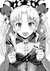 Rule 34 | 1girl, :d, blush, breasts, earrings, ereshkigal (fate), fate/grand order, fate (series), greyscale, jewelry, long hair, looking at viewer, miyamoto issa, monochrome, open mouth, simple background, smile, solo, tohsaka rin, twintails, white background