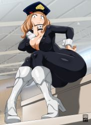 Rule 34 | 1girl, absurdres, artist name, ass, bayeuxman, black bodysuit, blonde hair, bodysuit, boku no hero academia, boots, breasts, brown eyes, choker, cleavage, covered erect nipples, curvy, eyelashes, full body, hand on own hip, hat, high heel boots, high heels, highres, index finger raised, large breasts, lips, long sleeves, looking at viewer, medium hair, no bra, open bodysuit, open clothes, parted lips, peaked cap, police hat, rock, seductive smile, sitting, smile, solo, thick thighs, thighs, utsushimi kemii, white footwear