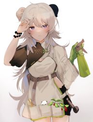 Rule 34 | 1girl, absurdres, arknights, bead bracelet, beads, black shorts, blush, bottle, bracelet, bun cover, cowboy shot, double bun, feather hair, grey hair, gupipy, hair bun, highres, holding, holding bottle, jewelry, long hair, mulberry (arknights), mulberry (plant crude drug) (arknights), official alternate costume, purple eyes, shirt, shorts, simple background, solo, spray bottle, very long hair, white background, white shirt