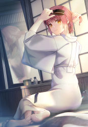 Rule 34 | 1girl, absurdres, barefoot, blush, brushing hair, closed mouth, commentary, english commentary, hair brush, highres, holding, holding hair brush, indoors, japanese clothes, kimono, kohaku (tsukihime), looking at viewer, mirror, mkr (wepn3428), orange eyes, red hair, reflection, short hair, sitting, solo, toes, tsukihime, white kimono, wide sleeves