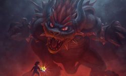 Rule 34 | 2boys, battle, bowser, bracelet, claws, collar, commentary, dark, demon horns, embers, english commentary, free4fireyoutube, giga bowser, glowing, hat, highres, horns, jewelry, mario, mario (series), multiple boys, nintendo, open mouth, overalls, power-up, red eyes, red hair, red headwear, sharp teeth, shell, signature, size difference, slit pupils, spiked bracelet, spiked collar, spiked shell, spikes, star (symbol), super star (mario), super smash bros., tail, teeth, watermark