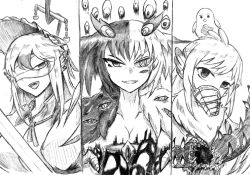 Rule 34 | 3girls, animal, animal ears, bandage over one eye, big bird (project moon), bird, bird ears, bird girl, black souls, breasts, cleavage, extra eyes, fang, greyscale, grin, heterochromia, hole in chest, hole on body, judgement bird, lobotomy corporation, looking at viewer, monochrome, monster girl, multiple girls, muzzle, one eye covered, open mouth, personification, portrait, project moon, punishing bird, shirt, smile, tierbis