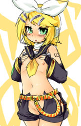 Rule 34 | 1girl, adapted costume, belt, blonde hair, blush, bow, breasts, censored, convenient censoring, crotchless, crotchless pants, face, flat chest, green eyes, hair bow, kagamine rin, no panties, okiraku nikku, revealing clothes, ribbon, sketch, solo, vocaloid