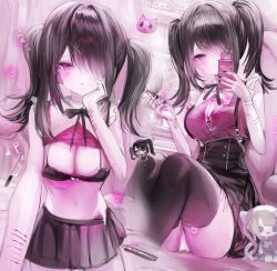 Rule 34 | 1girl, absurdres, ame-chan (needy girl overdose), black bra, black hair, black ribbon, black skirt, black thighhighs, bra, breasts, cellphone, character doll, chouzetsusaikawa tenshi-chan, cigarette, cleavage, clothes lift, collared shirt, commentary request, cuts, hair ornament, hair over one eye, hand on own cheek, hand on own face, hand up, hands up, highres, holding, holding cigarette, holding phone, indoors, injury, knees up, large breasts, leaning forward, long hair, looking at viewer, multiple views, navel, neck ribbon, needy girl overdose, panties, pantyshot, partially unbuttoned, phone, pien cat (needy girl overdose), pink background, pink eyes, pleated skirt, red shirt, ribbon, scar, scar on arm, self-harm, self-harm scar, selfie, shirt, shirt lift, sitting, skirt, smartphone, stuffed toy, suspender skirt, suspenders, thighhighs, translation request, twintails, underwear, white panties, wrist cutting, x hair ornament, yunara
