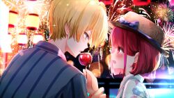 Rule 34 | 1boy, 1girl, absurdres, aerial fireworks, arima kana, blonde hair, blue bow, blue eyes, blue kimono, blurry, blurry background, blush, bob cut, bokeh, bow, brown headwear, candy apple, chromatic aberration, commentary, depth of field, eye contact, fireworks, floral print, food, hair behind ear, hat, hat bow, highres, holding, holding another&#039;s wrist, holding food, hoshino aquamarine, japanese clothes, kimono, lantern, lilac10, looking at another, no pupils, open mouth, oshi no ko, red eyes, short hair, sparkle, star-shaped pupils, star (symbol), summer festival, symbol-shaped pupils, twitter username, wavy mouth, white kimono, yukata