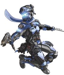 Rule 34 | 1girl, airborne, alternator, animification, assault visor, black footwear, blue gloves, blue headwear, blue scarf, cable, full body, gloves, glowing, grapple pilot (titanfall 2), gun, handgun, helmet, holding, holding gun, holding weapon, holstered, knee pads, kotone a, looking to the side, magazine (weapon), p2016, pilot (titanfall 2), scarf, science fiction, shoes, simple background, sneakers, solo, submachine gun, titanfall (series), titanfall 2, weapon, white background