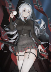 Rule 34 | 1girl, azur lane, banner, black hairband, black sweater, blue eyes, breasts, coffee, cup, from below, garter straps, grey skirt, guihuo inferno, hairband, highres, holding, holding cup, large breasts, long hair, long sleeves, looking down, mainz (azur lane), parted lips, pleated skirt, sheath, sheathed, sidelocks, silver hair, skirt, solo, standing, sweater, sword, thighhighs, thighs, weapon, white thighhighs