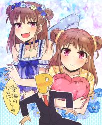 Rule 34 | 10s, 1girl, :d, angel wings, blush, bow, brown hair, choker, double bun, dual persona, floral background, formal, frown, heart, heart-shaped pillow, idolmaster, idolmaster cinderella girls, looking at viewer, munakata atsumi, necktie, open mouth, p-head producer, pajamas, pillow, producer (idolmaster), purple eyes, scrunchie, sidelocks, smile, suit, sweat, text focus, translation request, usameruti, wings, wreath