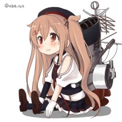 Rule 34 | 1girl, :d, ahenn, black serafuku, bow, brown eyes, brown hair, chibi, commentary request, gloves, hair bow, hair flaps, hair ornament, hair ribbon, hairclip, heterochromia, kantai collection, long hair, lowres, machinery, murasame (kancolle), open mouth, pleated skirt, ribbon, school uniform, serafuku, simple background, sitting, skirt, smile, solo, turret, twitter username, two side up, white background, white gloves