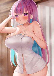 Rule 34 | 1girl, :o, absurdres, arm up, blue hair, blue nails, blurry, blurry background, blush, breasts, collarbone, colored inner hair, commentary request, cowboy shot, depth of field, hair between eyes, hand on own chest, highres, holding, holding towel, hololive, indoors, kusana (dudqja602), large breasts, long hair, looking at viewer, minato aqua, multicolored hair, nail polish, naked towel, pink hair, purple eyes, solo, standing, towel, very long hair, virtual youtuber, wet