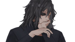 Rule 34 | 1boy, bags under eyes, black shirt, boku no hero academia, eraser head (boku no hero academia), eyepatch, facial hair, hair between eyes, hand on own face, highres, long sleeves, looking at viewer, male focus, messy hair, mustache, rnuyvm, scar, scar across eye, shirt, simple background, solo, sparse stubble, white background