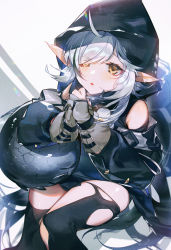 1girl, ahoge, arknights, bangs, chestnut mouth, commentary request, crocodilian tail, dot nose, feet out of frame, from above, gloves, goggles, goggles around neck, grey gloves, hair over one eye, hands together, has otm, hood, hood up, jacket, large tail, long hair, looking up, off shoulder, partially fingerless gloves, pointy ears, shiny, shiny hair, simple background, solo, tail, tareme, thighs, tomimi (arknights), torn clothes, torn legwear, yellow eyes