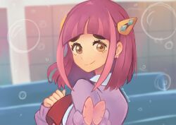 Rule 34 | 1girl, bow, bow earrings, constarlations, creatures (company), earrings, game freak, gradient background, highres, jewelry, lacey (pokemon), nintendo, pink bow, pink hair, pokemon, pokemon sv, purple hair, purple sweater, sweater