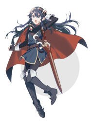 Rule 34 | 1girl, belt, blue eyes, blue hair, boots, cape, fingerless gloves, fire emblem, fire emblem awakening, full body, gloves, hair between eyes, long hair, long sleeves, looking at viewer, lucina (fire emblem), nintendo, open mouth, ryon (ryonhei), sheath, sheathed, solo, sword, thigh boots, thighhighs, tiara, weapon, white background