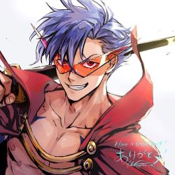 Rule 34 | 1boy, blue hair, cape, collarbone, commentary, commission, english commentary, english text, grin, hair between eyes, holding, holding sword, holding weapon, kamina (ttgl), kamina shades, looking at viewer, male focus, nipples, over shoulder, pectorals, red cape, red eyes, short hair, signature, simple background, smile, solo, sword, tattoo, teeth, tengen toppa gurren lagann, thank you, topless male, translated, triangular eyewear, upper body, weapon, weapon over shoulder, white background, zzyzzyy