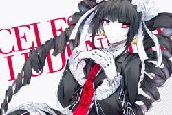 Rule 34 | 1girl, black hair, black nails, celestia ludenberg, character name, danganronpa: trigger happy havoc, danganronpa (series), drill hair, earrings, frilled jacket, frills, frown, gothic lolita, highres, jacket, jewelry, lolita fashion, long hair, long sleeves, nail polish, necktie, pale skin, print necktie, red eyes, red necktie, solo, t (ax27), twin drills, twintails, upper body, white background