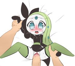 Rule 34 | 1boy, 1girl, arm up, bed sheet, black skirt, blue eyes, blush, breasts, clitoris, covered erect nipples, creatures (company), cum, cum on body, cum on lower body, erection, from above, full body, game freak, gen 5 pokemon, green hair, green thighhighs, hearlesssoul, hetero, interspecies, legendary pokemon, legs up, long hair, looking at viewer, lying, meloetta, mythical pokemon, nintendo, no panties, on back, open mouth, pawtsun, penis, pokemon, pokemon (creature), pokemon bw, pokephilia, pov, pussy, sex, simple background, skindentation, skirt, small breasts, spread legs, sweat, teeth, thighhighs, uncensored, urethra, vaginal, white background
