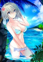 Rule 34 | 10s, 1girl, beach, bikini, blue eyes, blue sky, breasts, cloud, collarbone, cowboy shot, day, eyes visible through hair, female focus, flower, front-tie bikini top, front-tie top, hair flower, hair ornament, hair over one eye, hairclip, hamakaze (kancolle), hand under clothes, hand under swimsuit, kantai collection, large breasts, looking at viewer, looking to the side, nako (nakolusu), navel, outdoors, palm tree, short hair, side-tie bikini bottom, silver hair, sky, smile, solo, string bikini, swimsuit, tree, wading, water