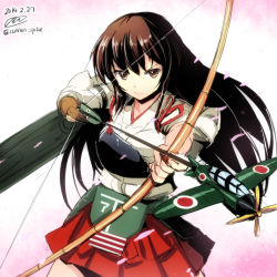 Rule 34 | 10s, 1girl, aircraft, airplane, akagi (kancolle), arrow (projectile), blush, bow (weapon), brown eyes, brown hair, drawing bow, flight deck, gin&#039;ichi (akacia), hakama, hakama short skirt, hakama skirt, holding, holding bow (weapon), holding weapon, japanese clothes, kantai collection, long hair, muneate, personification, quiver, radio antenna, skirt, solo, weapon