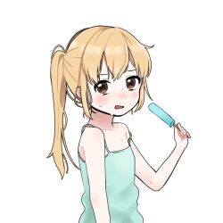 Rule 34 | 1girl, bare shoulders, blonde hair, blue camisole, blush, brown eyes, camisole, commentary, english commentary, flat chest, food, futaba anzu, holding, holding food, holding popsicle, hot, idolmaster, idolmaster cinderella girls, looking at viewer, open mouth, ponytail, popsicle, simple background, sketch, sks (s3 rosquilla), solo, sweat, upper body, white background