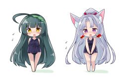 Rule 34 | 2girls, ahoge, animal ear fluff, animal ears, bare arms, bare legs, bare shoulders, barefoot, black one-piece swimsuit, blush, brown eyes, chibi, commentary request, covered navel, flying sweatdrops, green hair, green hairband, hairband, high ponytail, highres, multiple girls, old school swimsuit, one-piece swimsuit, open mouth, parted bangs, ponytail, purple eyes, ryogo, school swimsuit, silver hair, standing, swimsuit, touhoku itako, touhoku zunko, transparent background, voiceroid, white background