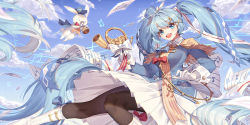 Rule 34 | 1girl, animal, blue bow, blue eyes, blue hair, blue headwear, blue sky, blush, bow, brown capelet, capelet, cloud, cloudy sky, dress, closed eyes, eyes visible through hair, floating, hair ornament, hat, hatsune miku, holding, holding instrument, instrument, kan (rainconan), light blue hair, long hair, music, musical note, open mouth, outdoors, pantyhose, paper, playing instrument, rabbit, red bow, red neckwear, sheet music, sky, smile, teeth, tongue, twintails, upper teeth only, very long hair, vocaloid, white dress, white footwear, yuki miku, yuki miku (2020)