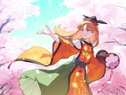 Rule 34 | 1girl, blonde hair, cherry blossoms, commentary, day, drum, hat, highres, holding, holding instrument, instrument, japanese clothes, long hair, matara okina, outdoors, outstretched arms, shikido (khf), skirt, sky, smile, solo, symbol-only commentary, tabard, touhou, wide sleeves, yellow eyes