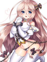 Rule 34 | 1girl, 8931ponzu, ahoge, azur lane, bare shoulders, black bow, blonde hair, blue eyes, bow, breasts, chain, cuffs, elbow gloves, fortune (azur lane), furrowed brow, gloves, hair between eyes, hair bow, hair ornament, hairclip, heart, heart of string, interlocked fingers, long hair, looking at viewer, medium breasts, multiple hair bows, navel, open mouth, own hands together, panties, remodel (azur lane), shackles, side-tie panties, simple background, solo, striped, striped bow, thighhighs, underwear, very long hair, white background, white gloves, white panties, white thighhighs