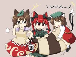 Rule 34 | 3girls, alcohol, animal ears, bad id, bad pixiv id, blush stickers, bottle, braid, brown eyes, brown hair, brown skirt, cat ears, cat girl, cat tail, chen, closed eyes, dress, ear piercing, earrings, female focus, futatsuiwa mamizou, glasses, green dress, hair ribbon, hand on own face, holding another&#039;s tail, hugging another&#039;s tail, jewelry, kaenbyou rin, leaf, leaf on head, miniskirt, multiple girls, multiple tails, nekomata, object on head, open mouth, piercing, pince-nez, print skirt, raccoon ears, raccoon tail, red eyes, red hair, ribbon, rokunen, sake, shirt, skirt, smile, tail, tail grab, hugging tail, touhou, translation request, twin braids
